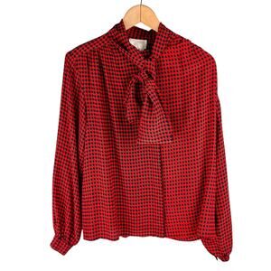 New Traditions : Vintage Red & Black Houndstooth 100% Silk Tie Neck Blouse : 8